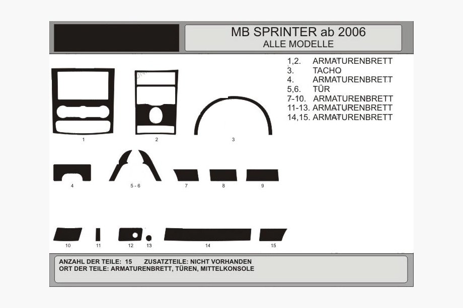 Mercedes Sprinter W906 2006–2018 Kojelaudan koristepaneelit (15-osainen, VIP-Hartman) Alumiini Image