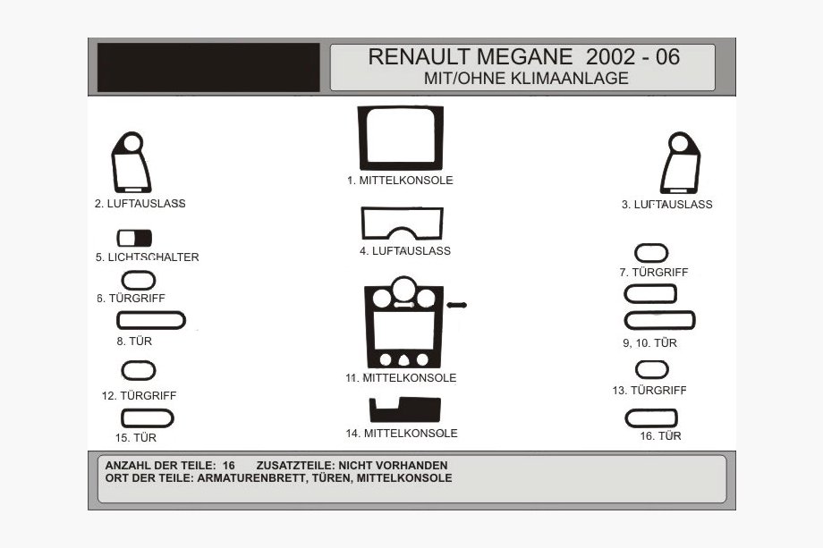 Renault Megane II 2004–2009 Kojelaudan koristelistasarja 16 osaa (Hartman, Puola) Image